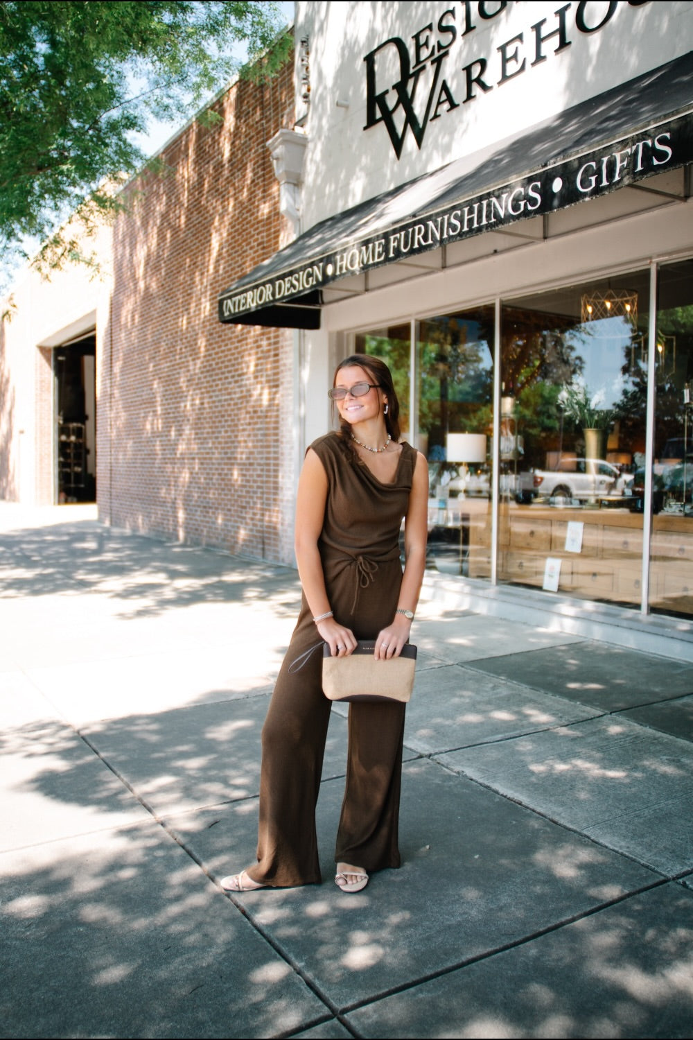 Brown Textured Knit Drape Shoulder Pant Set