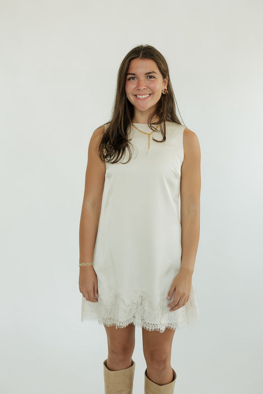 Ellis Eggshell Lace Trim Satin Midi Dress