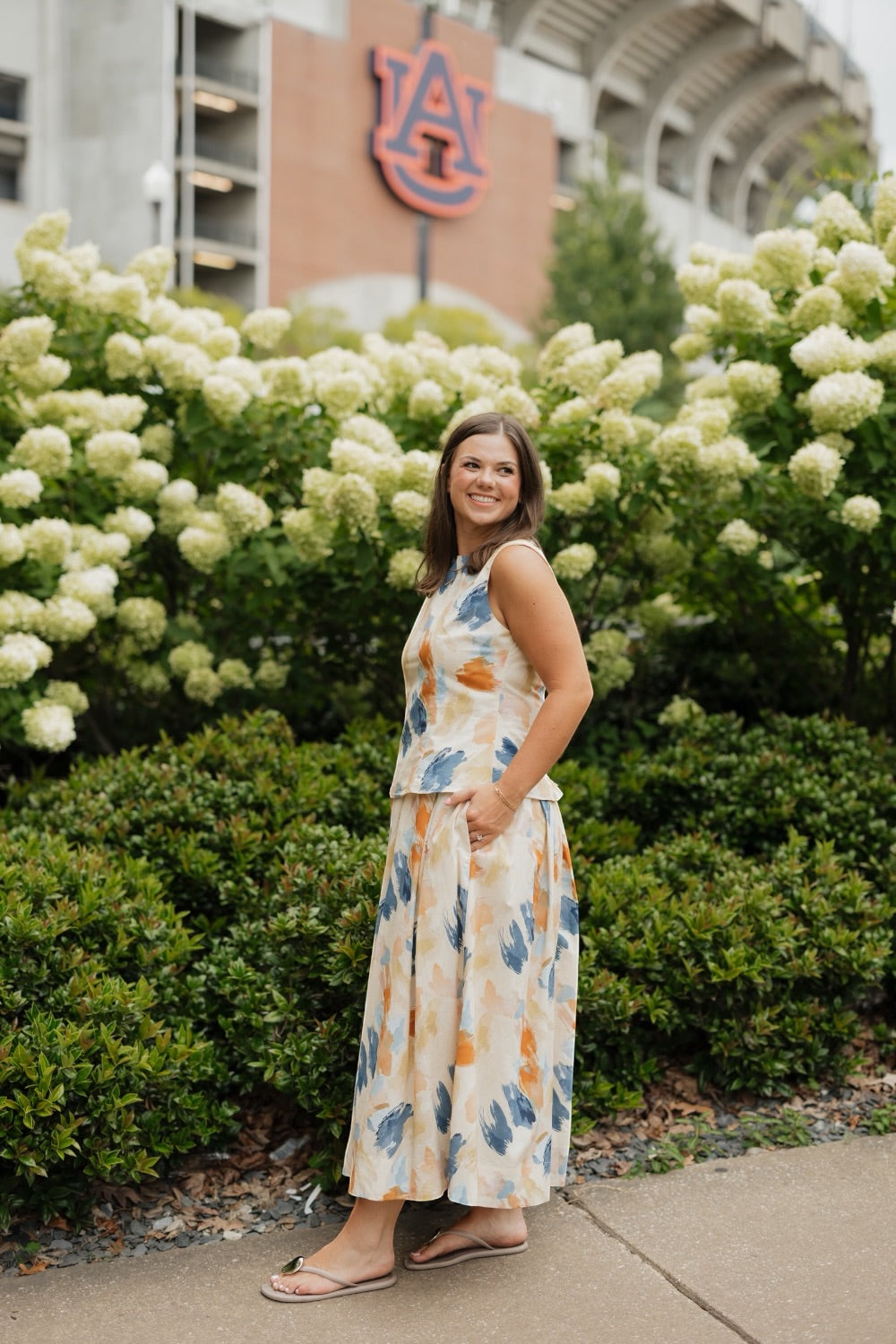 Sutton Navy/Orange Watercolor Print Top