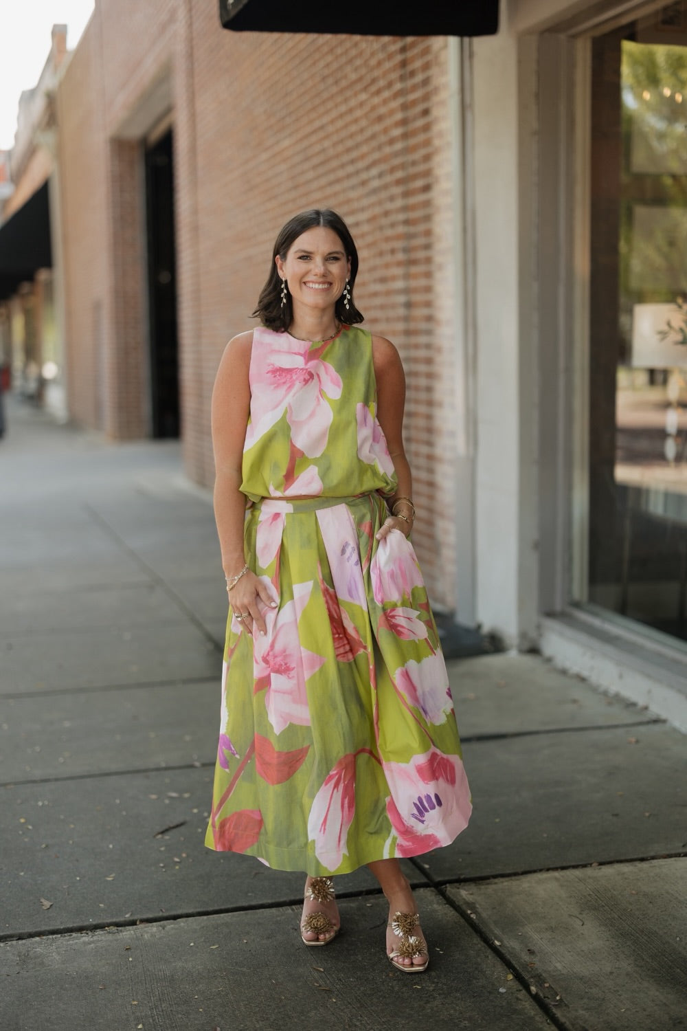 Elle Lime Floral Pleated Midi Skirt