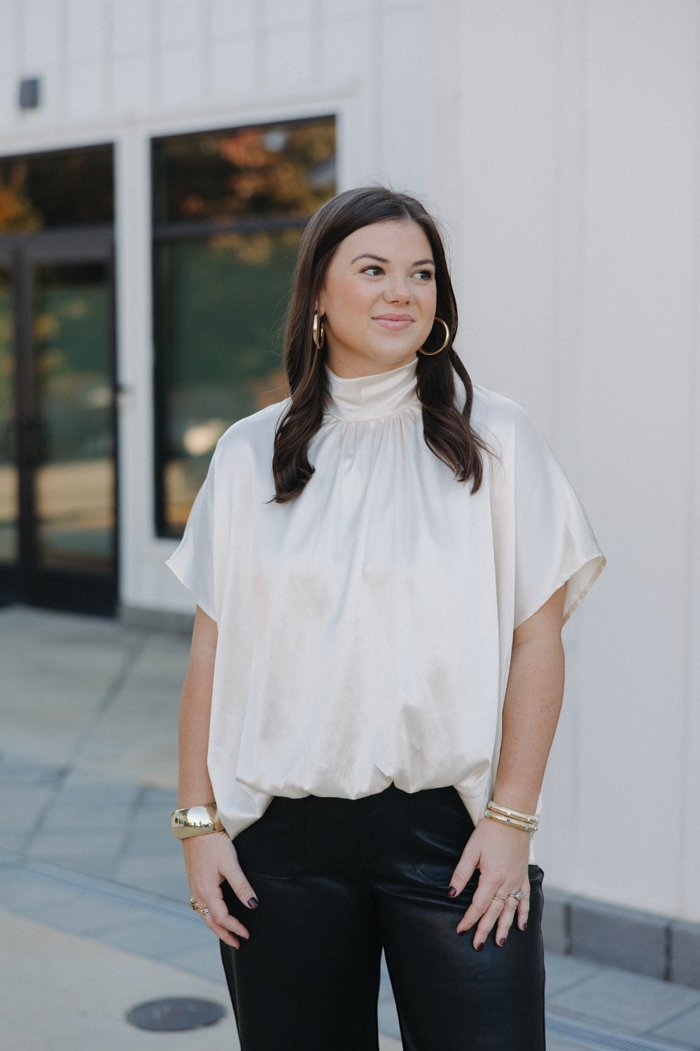 London Ivory High Tie Neck Bubble Hem Top (S-3XL)