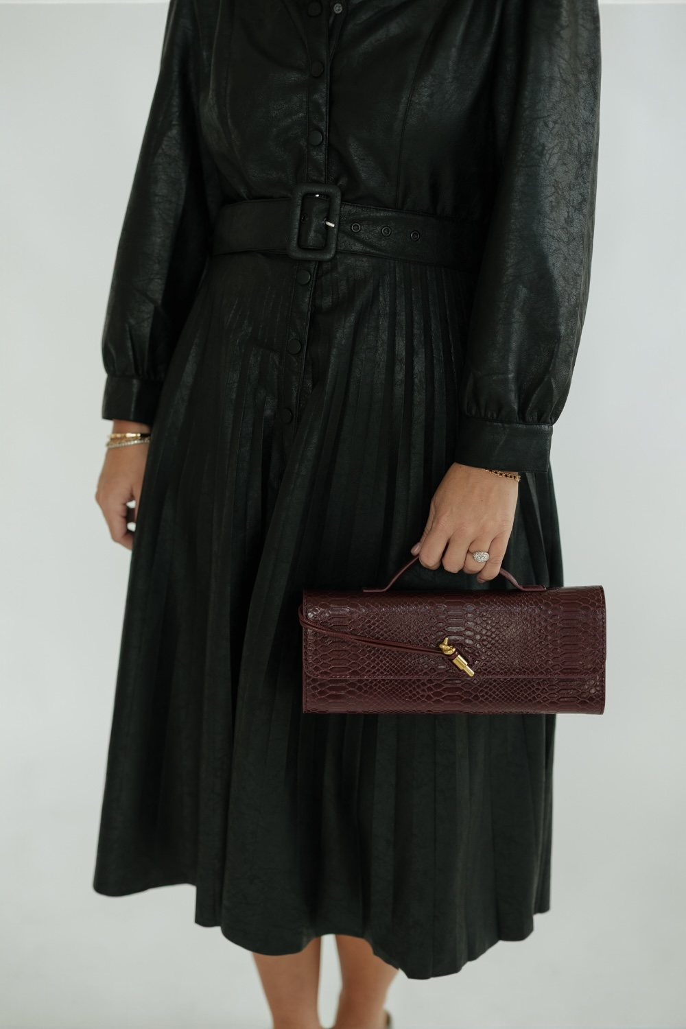 Burgundy Snake Embossed Leather Clutch