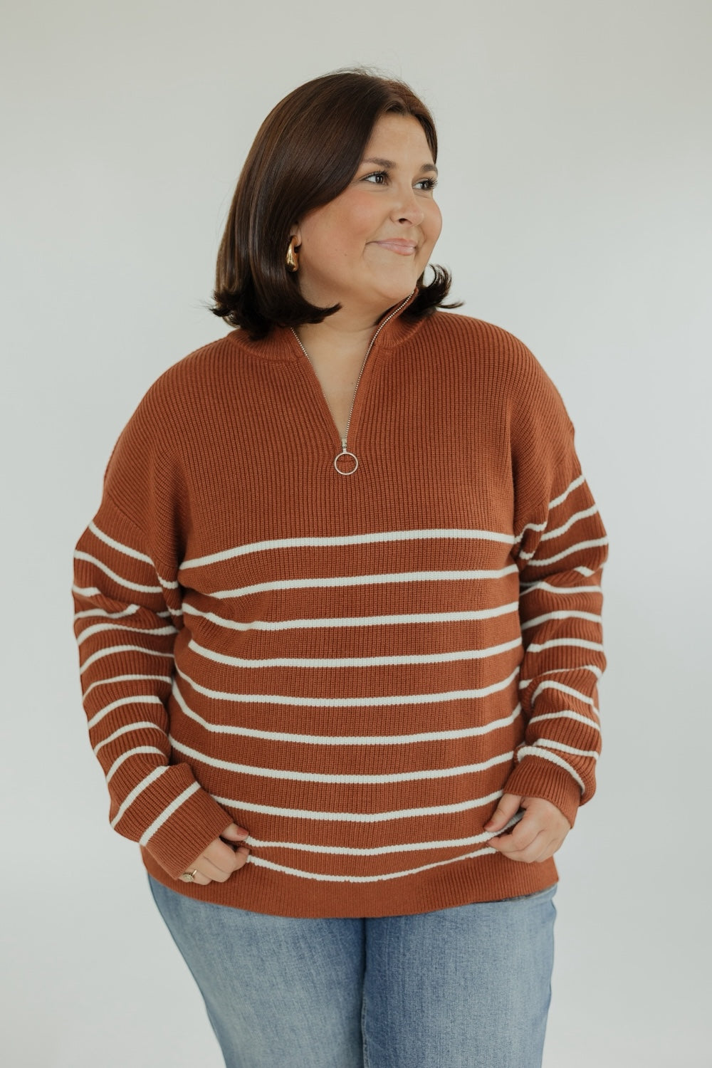 Rust Striped Zip Neck Sweater (XS-XXL)