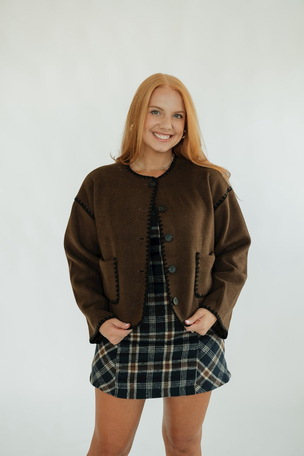 Serena Mocha Stitched Button Down Jacket