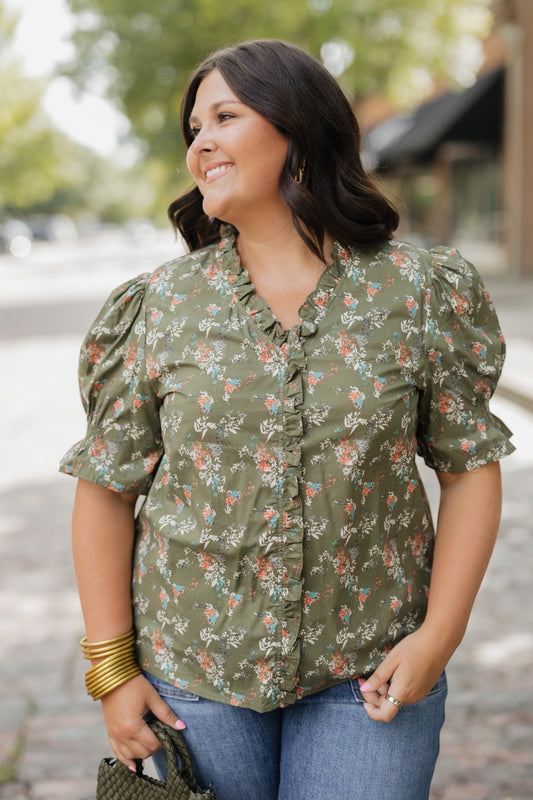 Devon Floral Olive Ruffled Neck Top