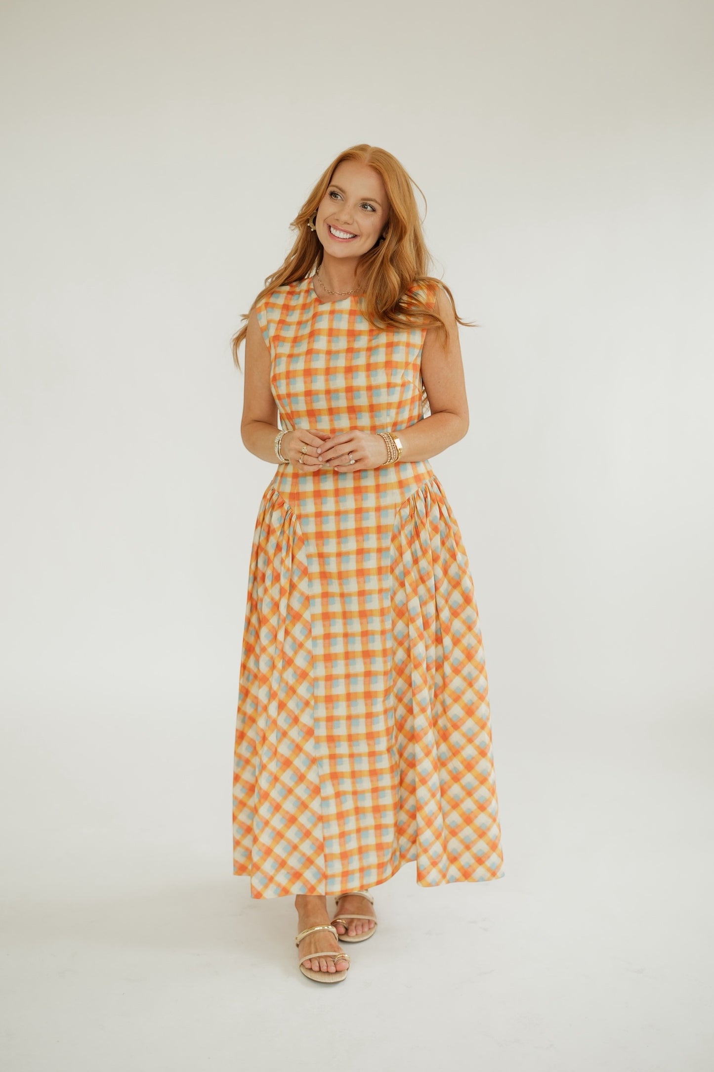 Gerri Orange Gingham Basque Waist Dress
