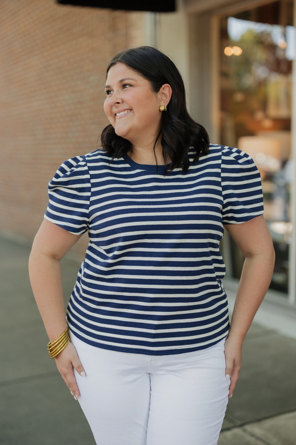Larissa Navy Striped Pleat Sleeve Tee (XS-XL)