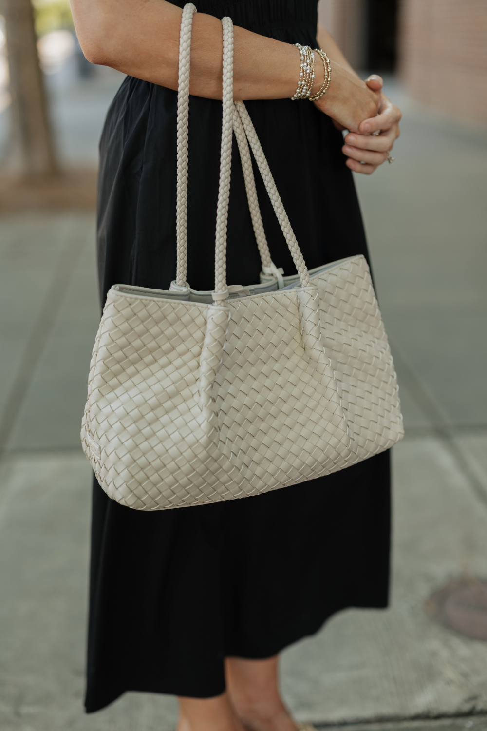 Nova Small Woven Shoulder Tote in Oyster