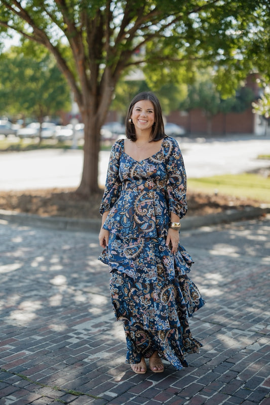 Zara Navy Multi Satin Tiered Dress (XS-XL)