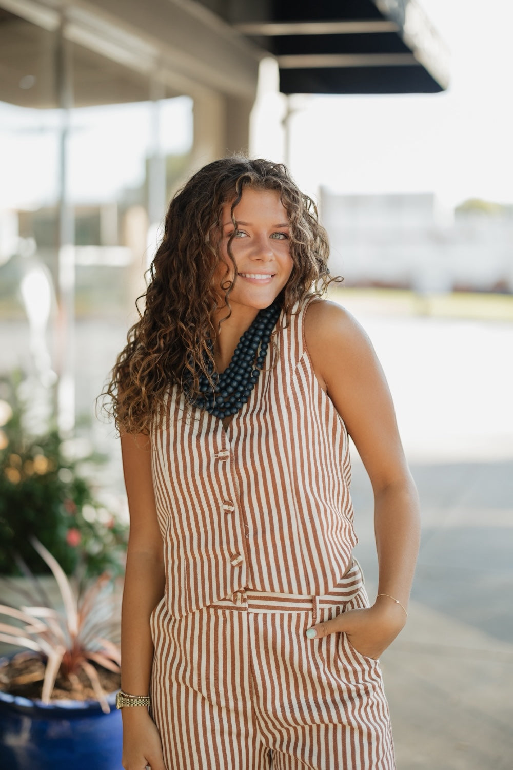 Farrah Mocha Striped Button Front Vest
