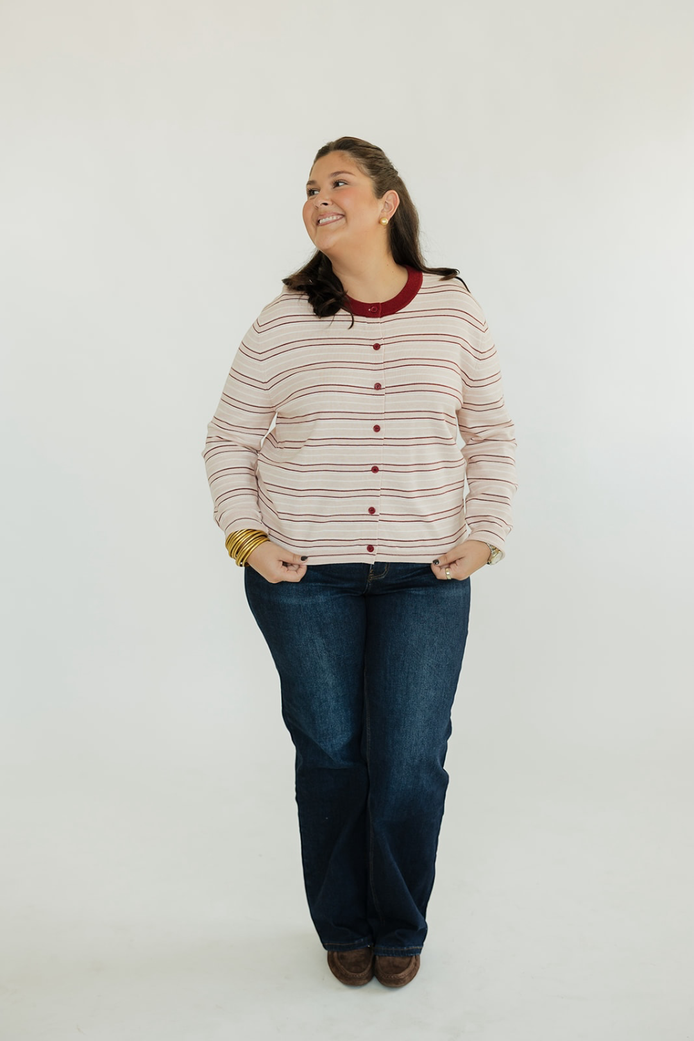 Babs Blush Striped Button Up Cardigan (S-3XL)