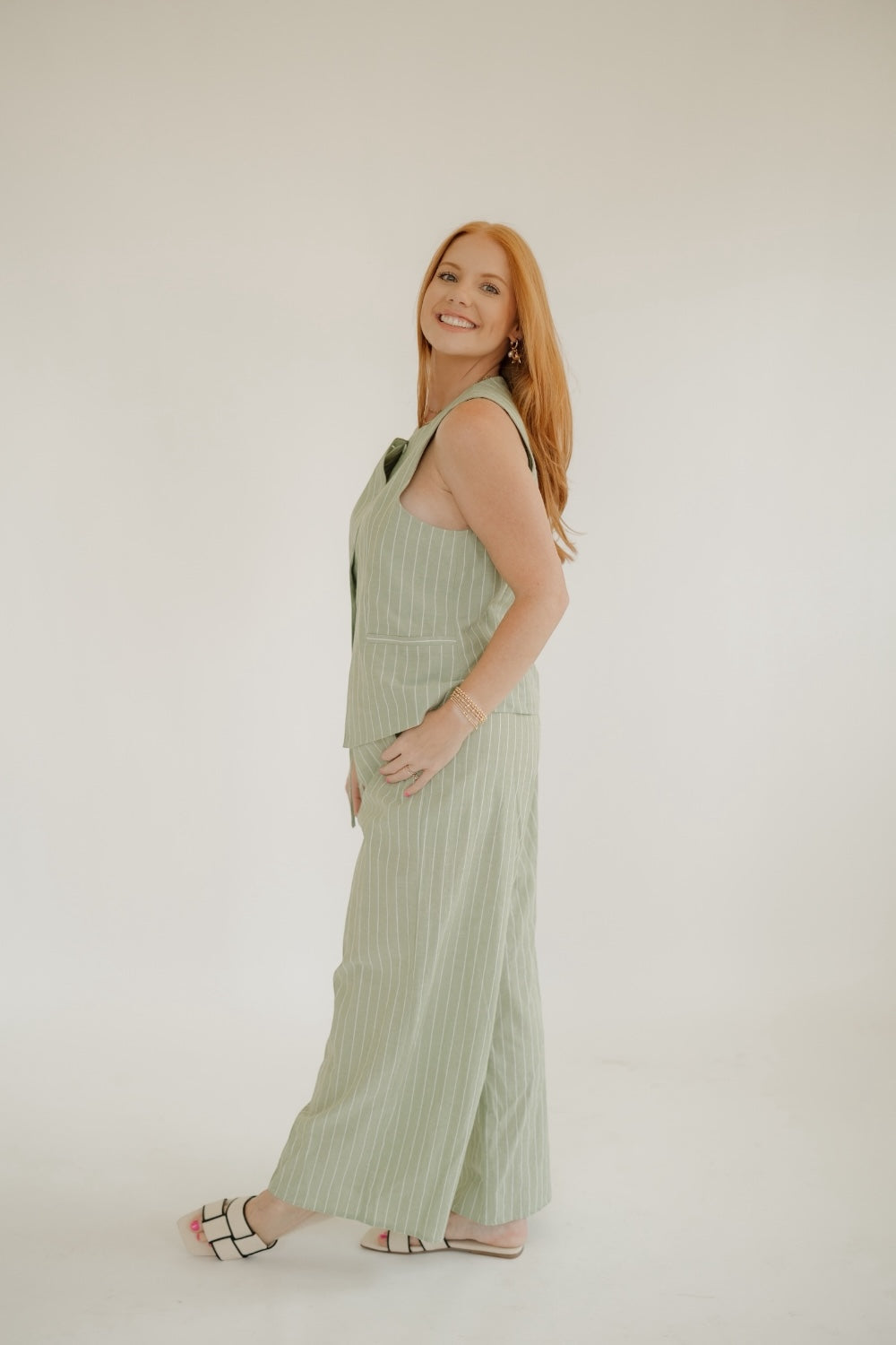 Matcha Pinstripe Button Up Vest Top (S-3XL)