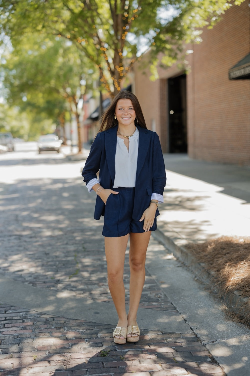 Lisa Navy Linen Elastic Back Shorts (XS-XL)