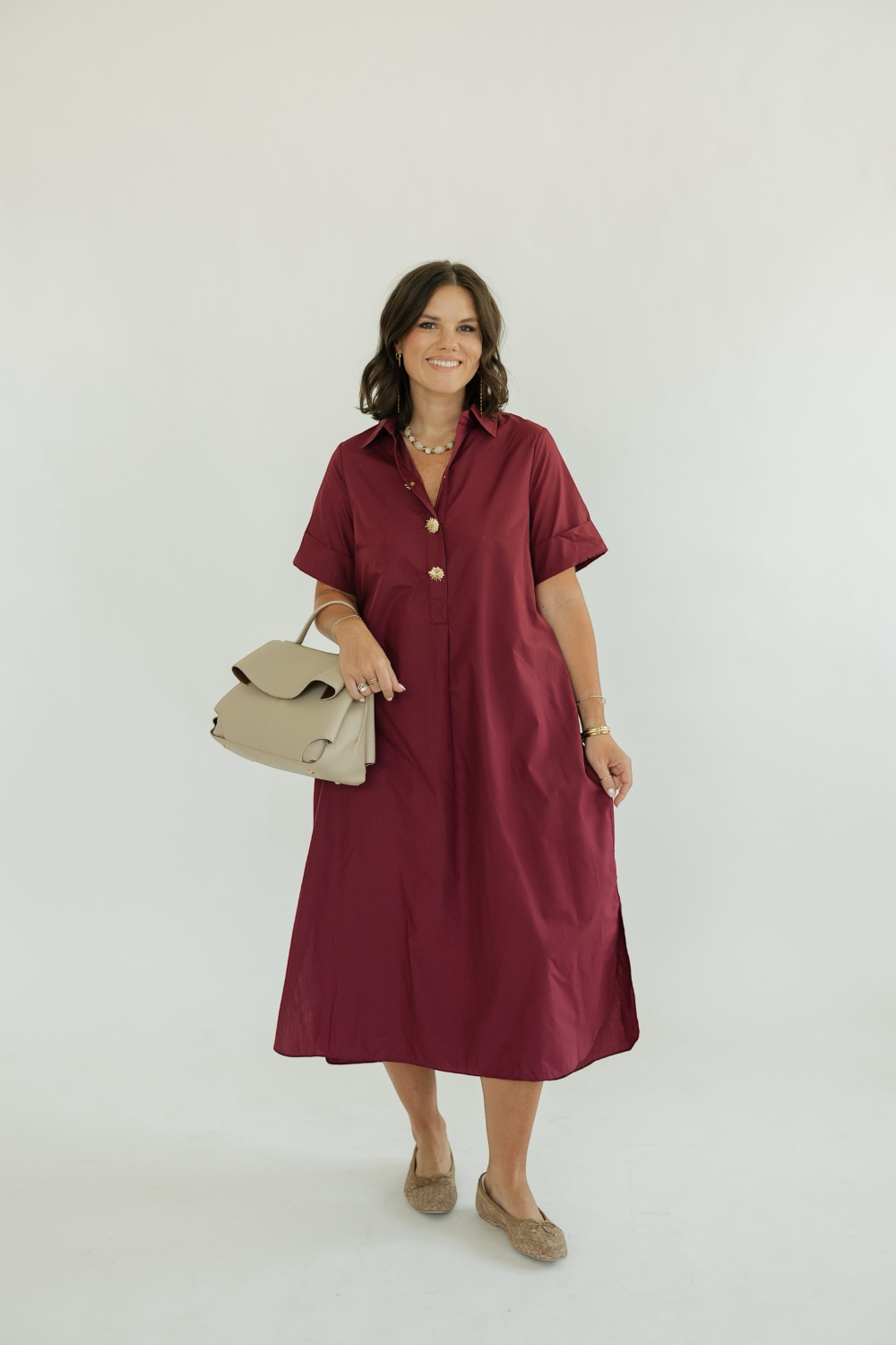 Daryl Wine Button Front Midi Dress (S-2XL)