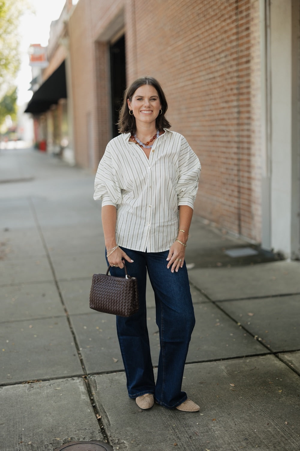 Mellie Khaki Multi Stripe Button Down Tucked Top