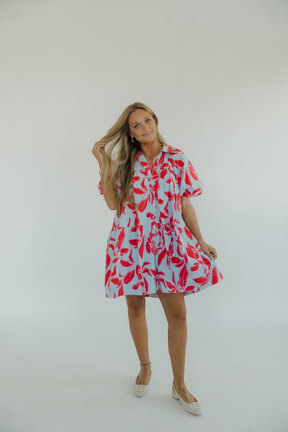 Leanne Red & Baby Blue Printed Shirt Dress