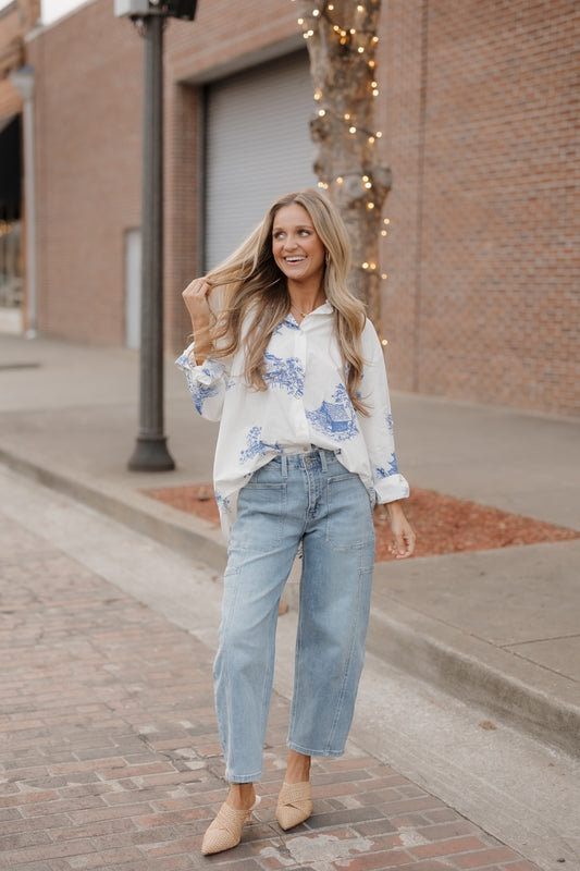 Blue Toile Print Button Down Shirt