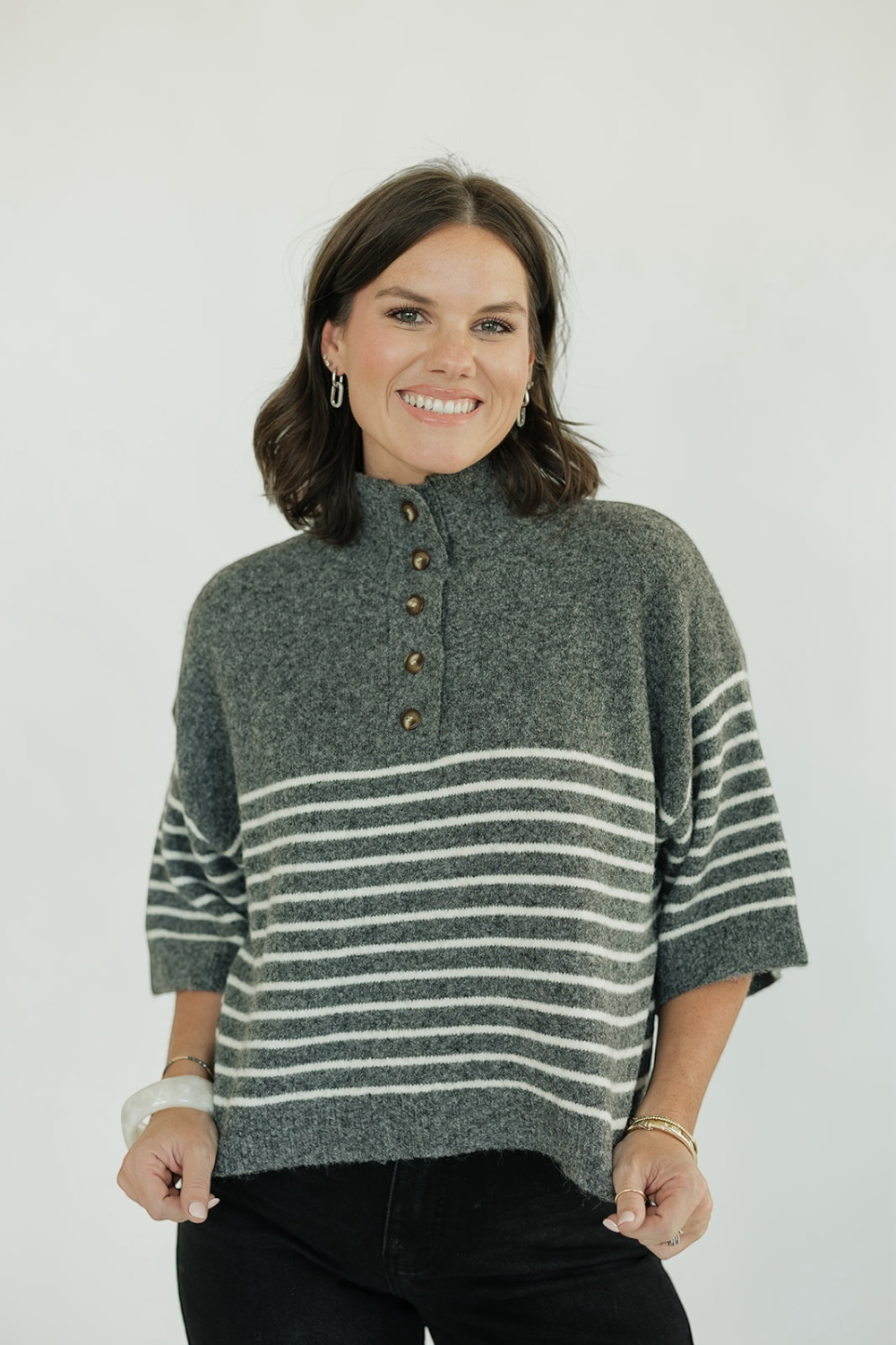 Charcoal Striped Henley Sweater (S-2XL)