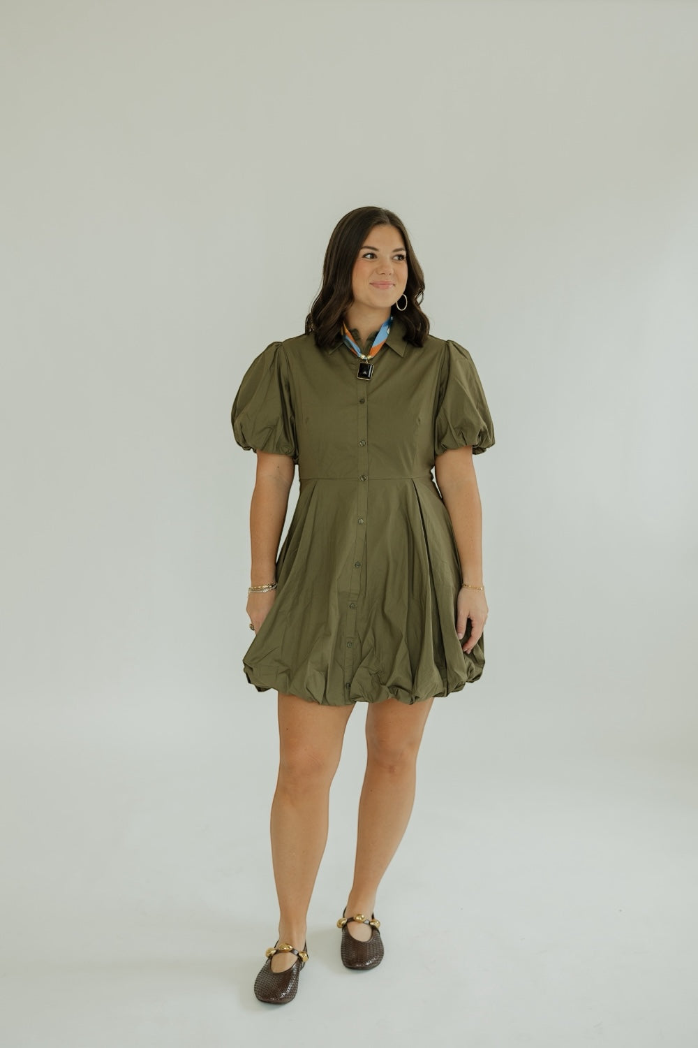Julia Olive Bubble Hem Mini Shirt Dress