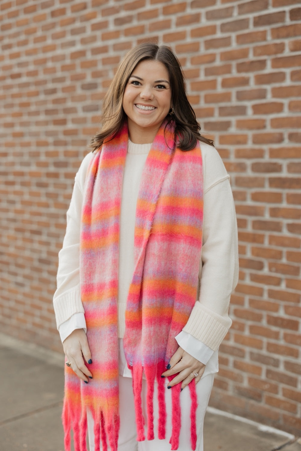 Rose Multi Color Striped Fringe Knit Cardigan