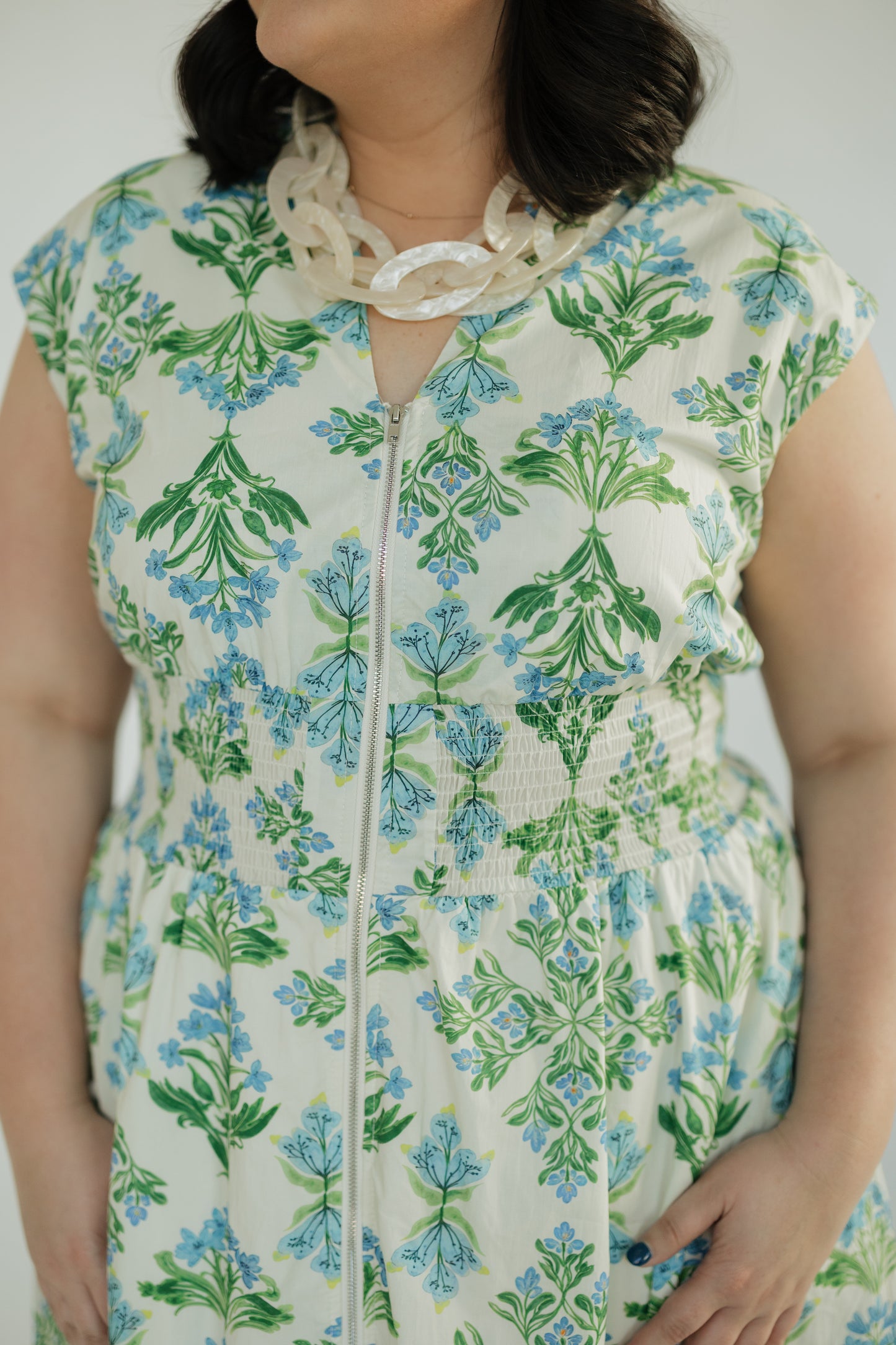 Stella Floral Zip Front Cinched Waist Midi Dress (S-2XL)