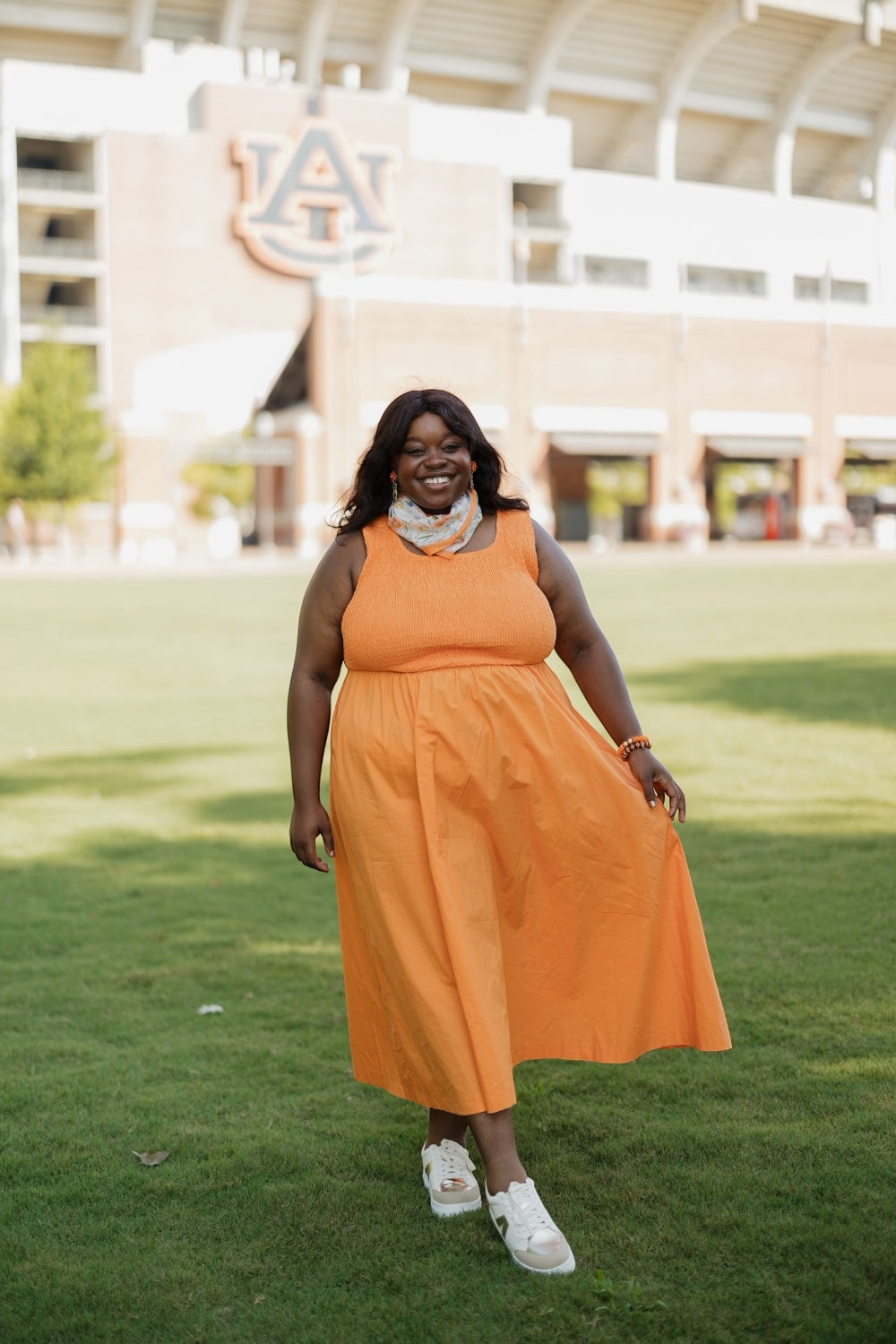 Brinley Orange Smocked Top Midi Dress (S-3XL)