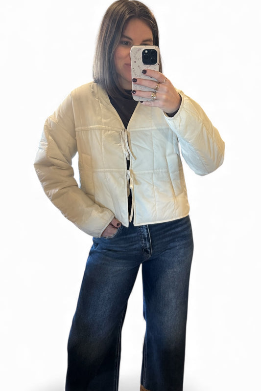 Cream Front Tie Quilted Jacket
