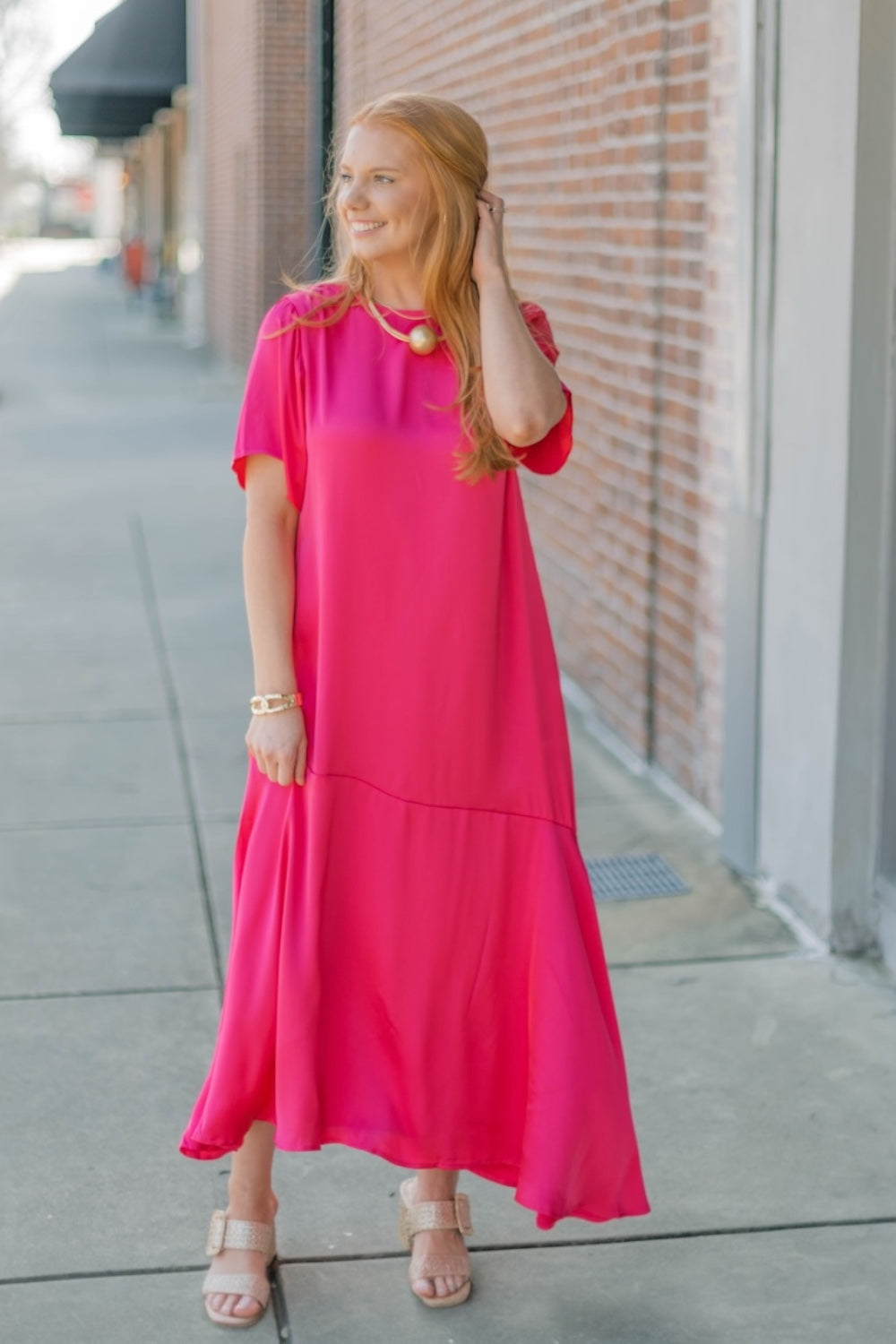 Fuchsia Asymmetric Satin Midi Dress