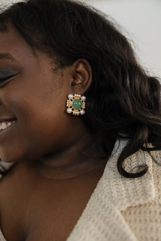 Green Stone & Pearl Earrings