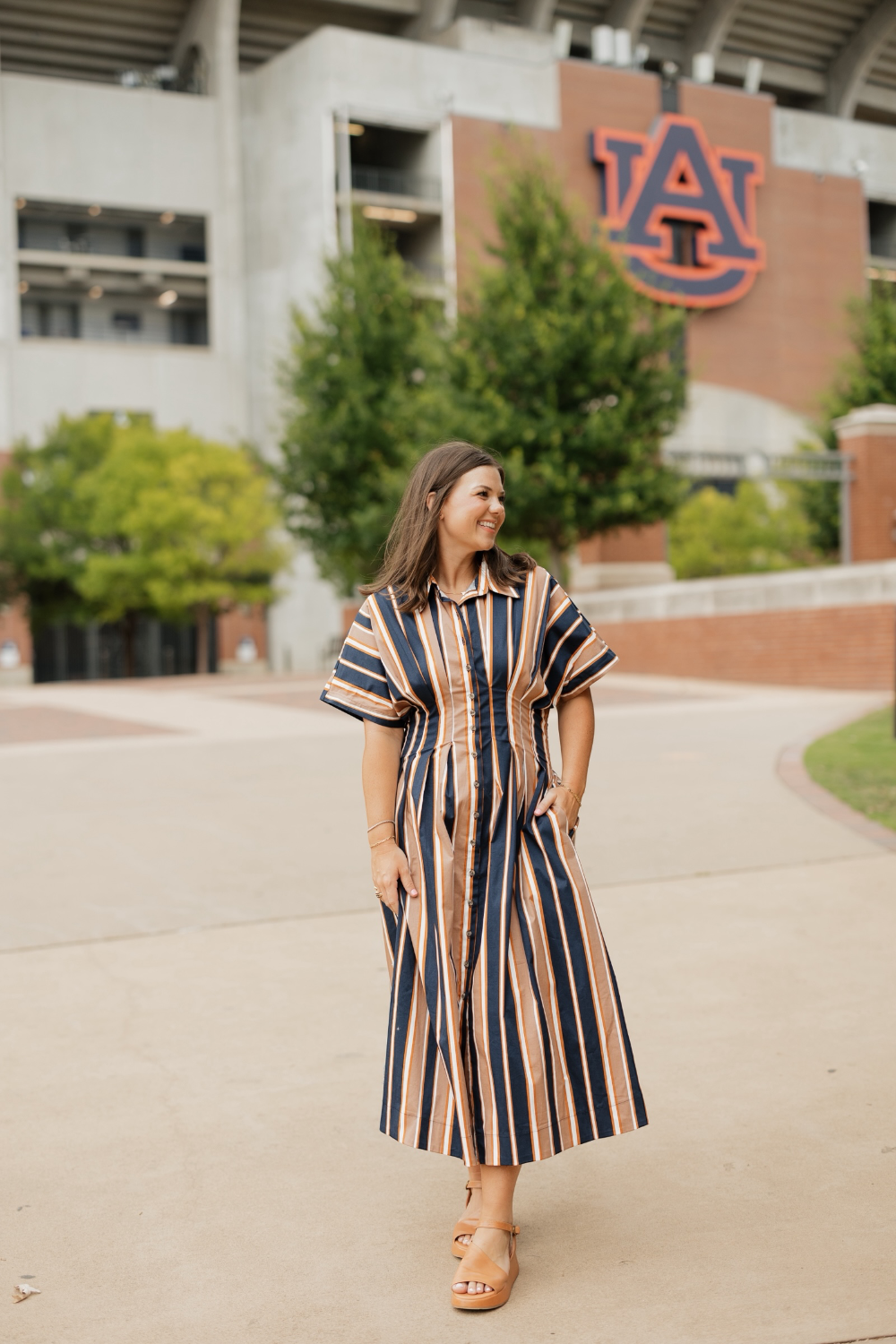 Clara Navy Multi Striped Cinched Waist Midi Dress