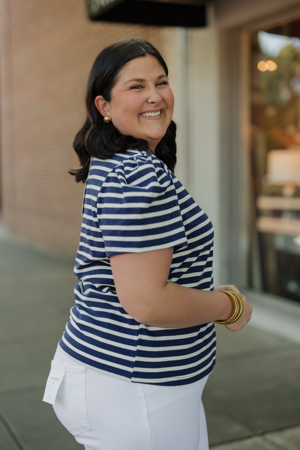 Larissa Navy Striped Pleat Sleeve Tee (XS-XL)