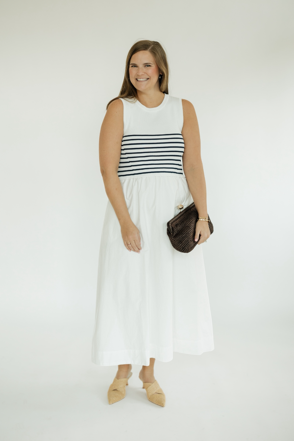 Navy Striped Knit Mixed Media Midi Dress (XS-XL)