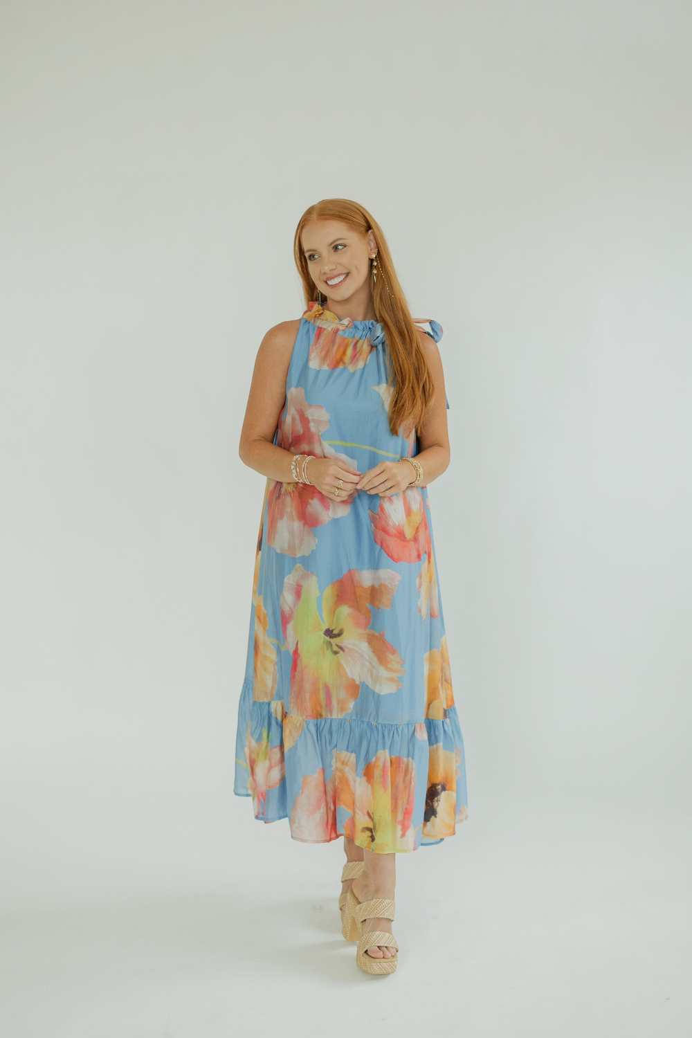 Foster Blue Floral Ruffle Neck Midi Dress