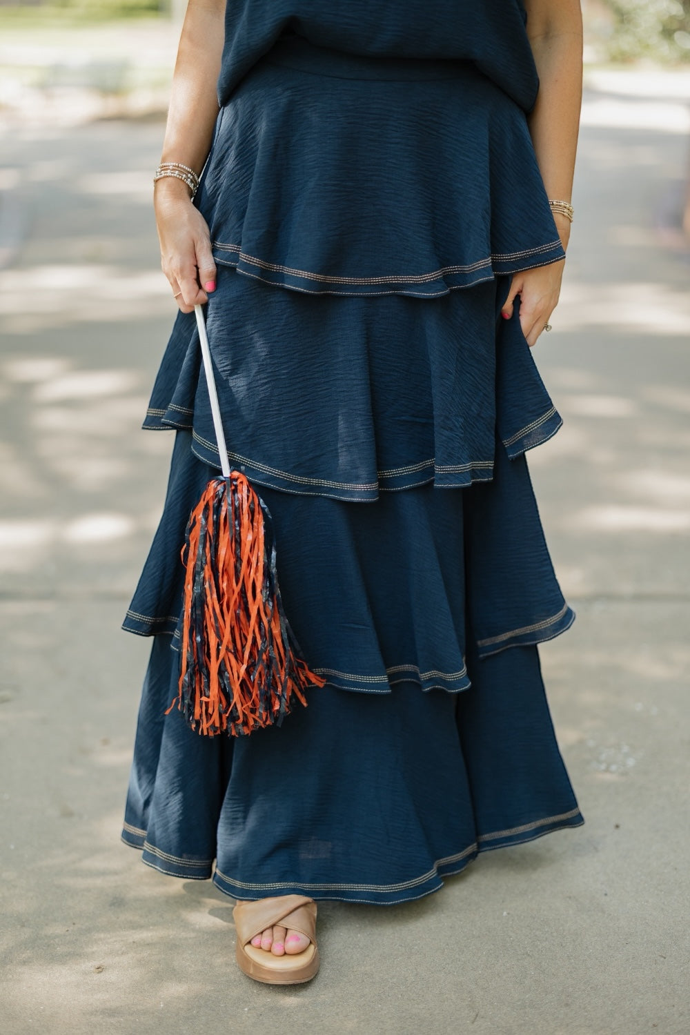 Marlee Navy Contrast Stitch Tiered Maxi Skirt (XS-3XL)