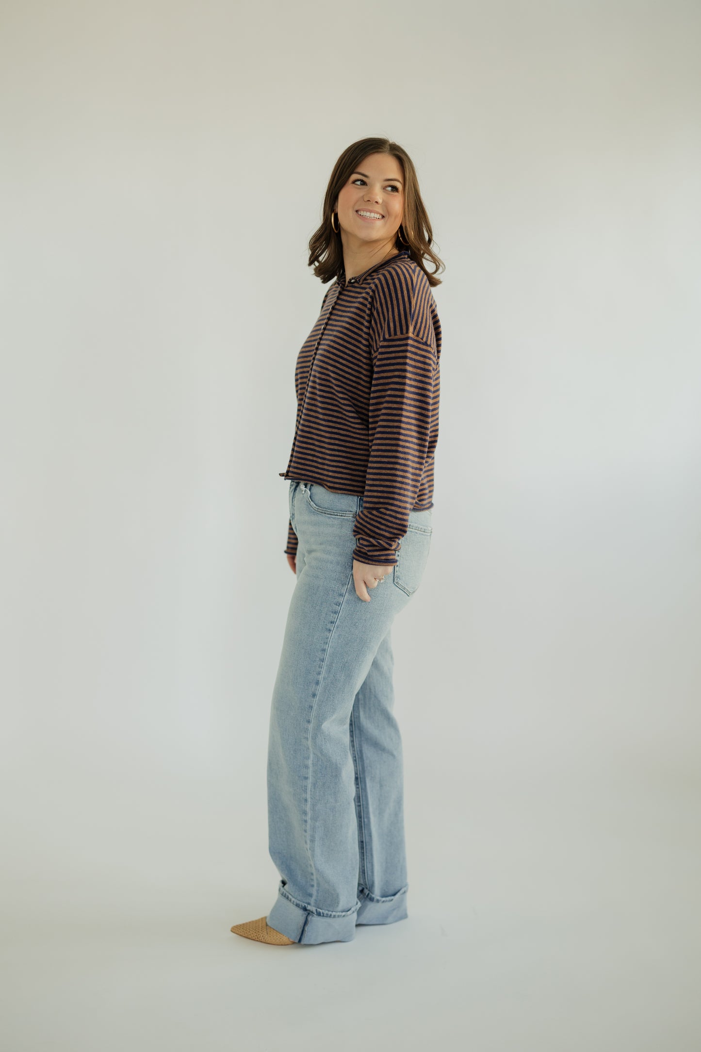 Brown & Navy Striped Mock Neck Sweater