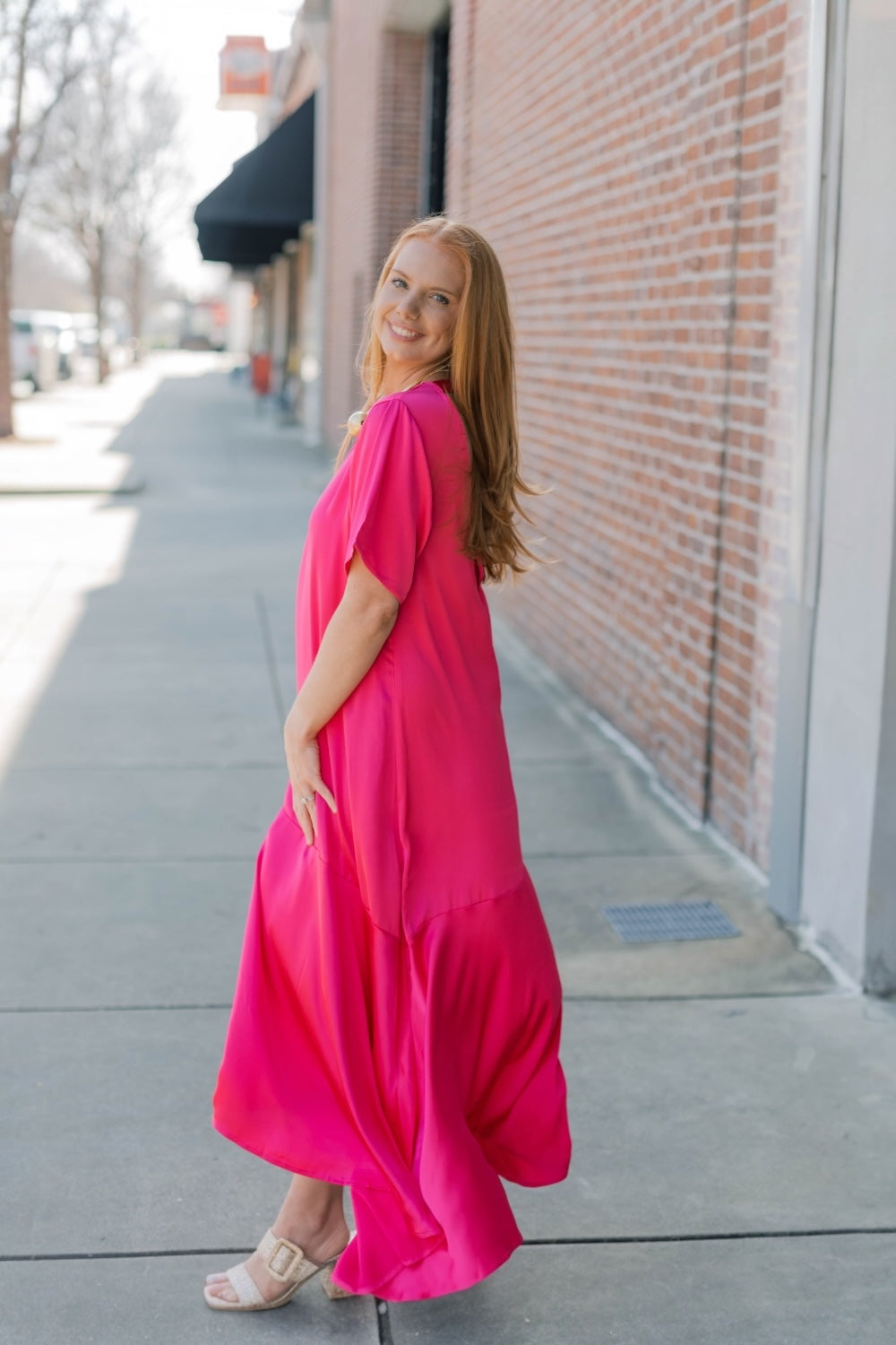 Fuchsia Asymmetric Satin Midi Dress