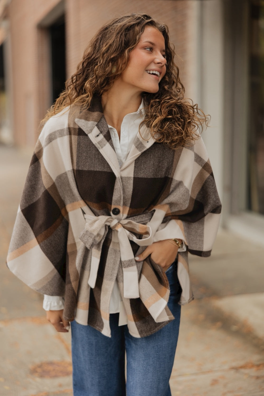 Brown Plaid Belted Wrap
