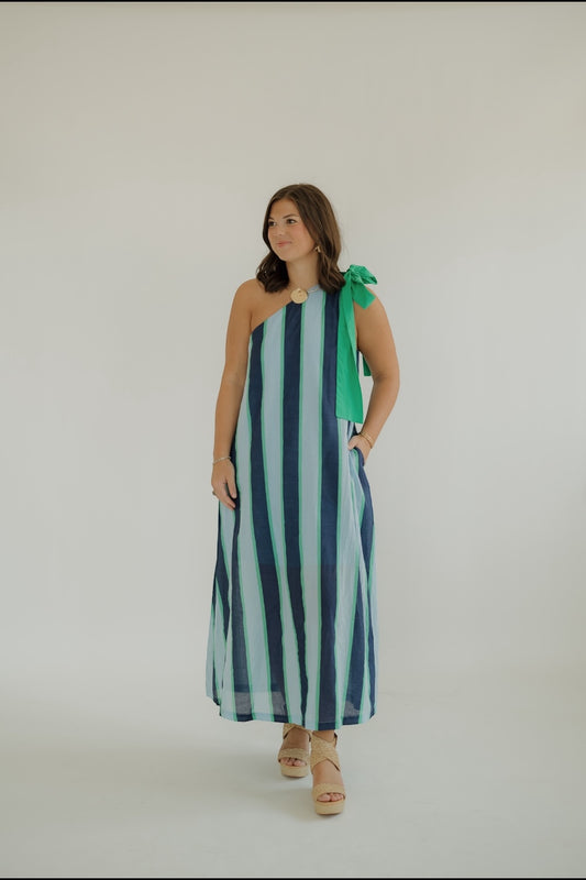 Savvy Striped One Shoulder Midi Dress