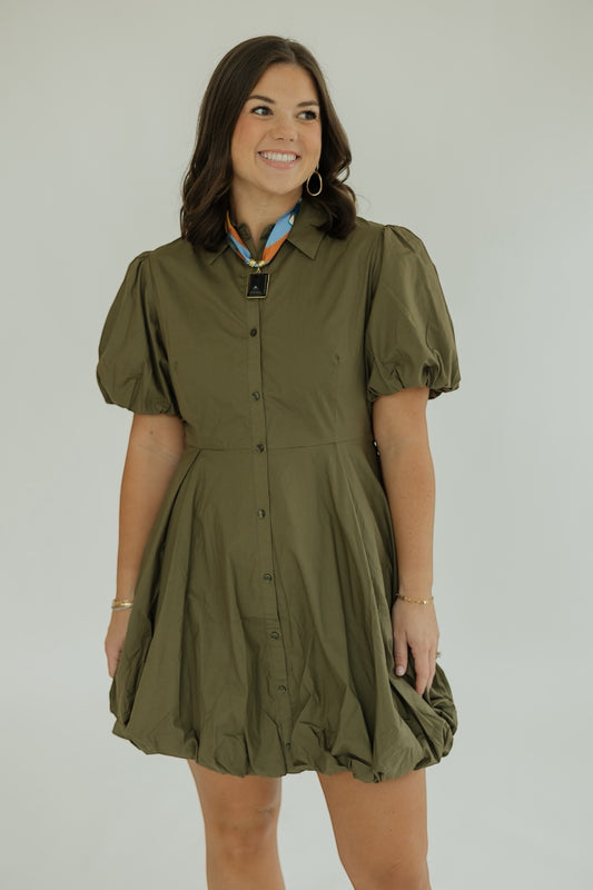 Julia Olive Bubble Hem Mini Shirt Dress