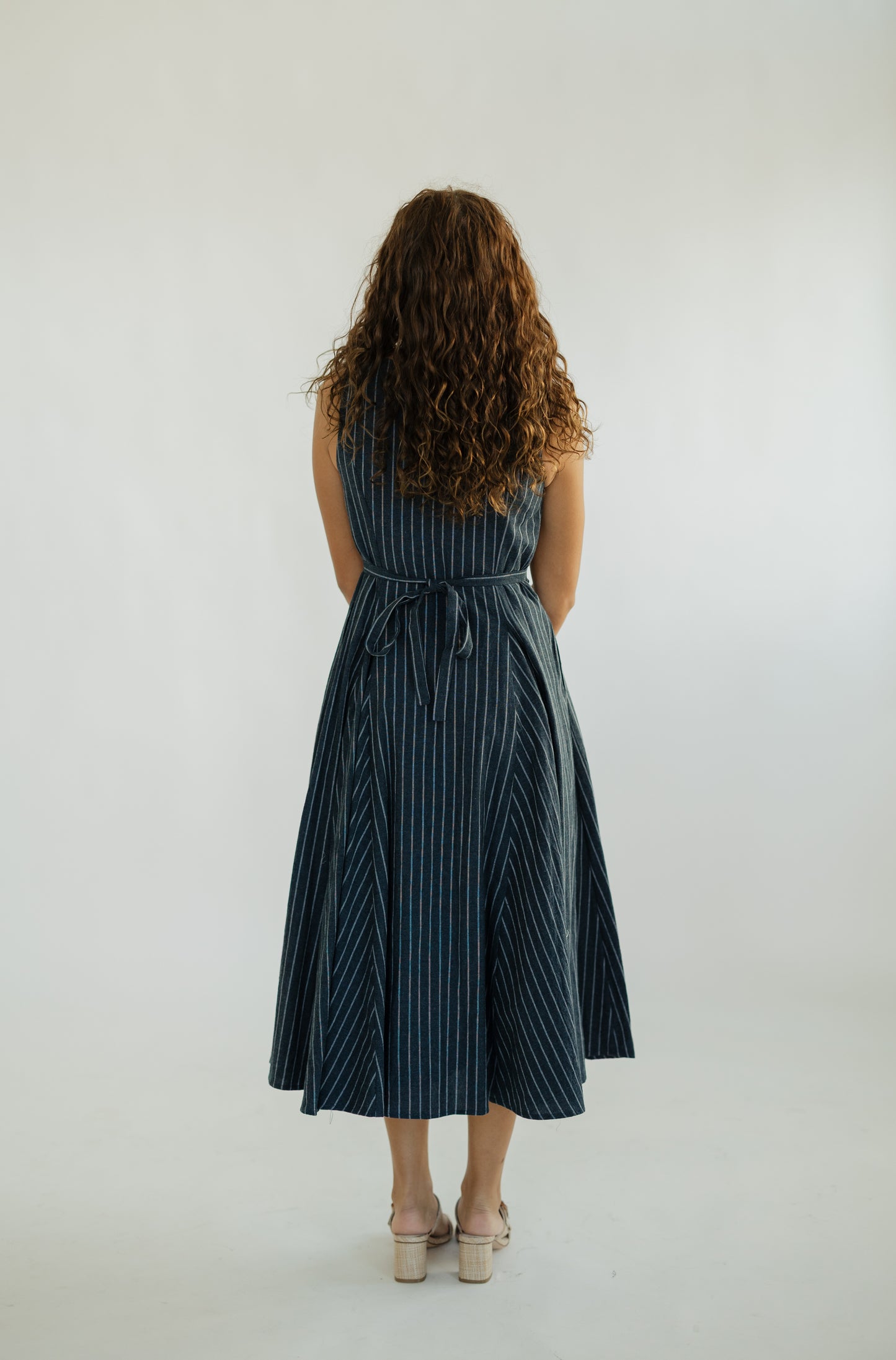 Navy Linen Striped Midi Dress