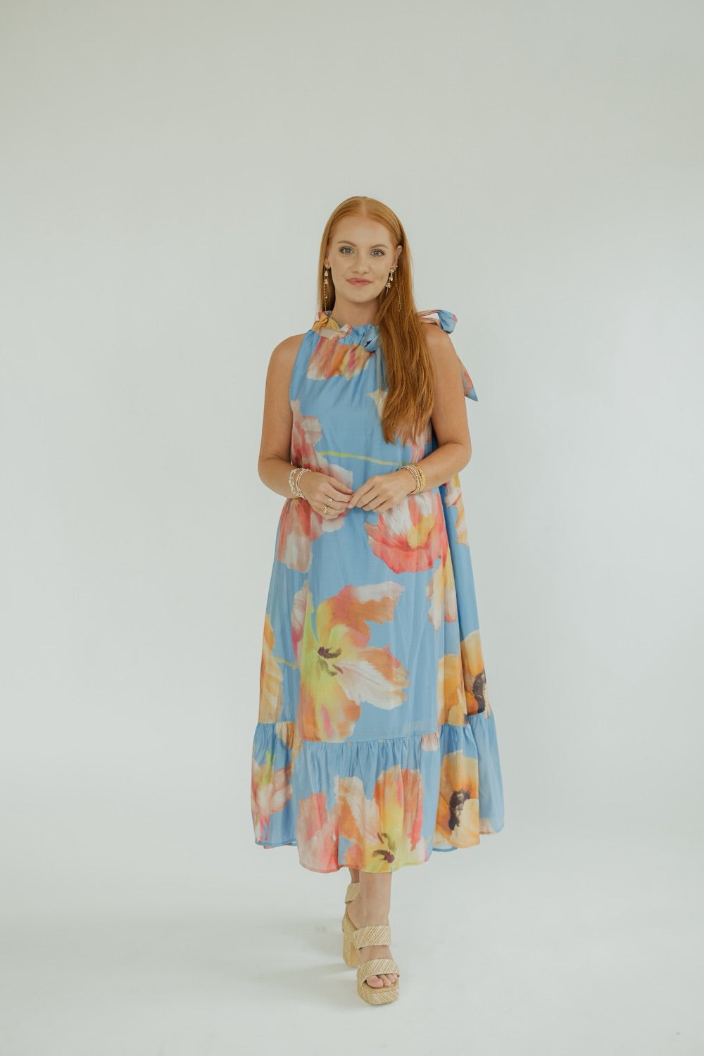 Foster Blue Floral Ruffle Neck Midi Dress