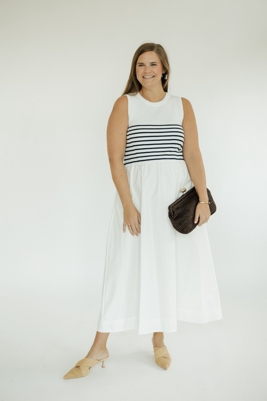 Navy Striped Knit Mixed Media Midi Dress (XS-XL)
