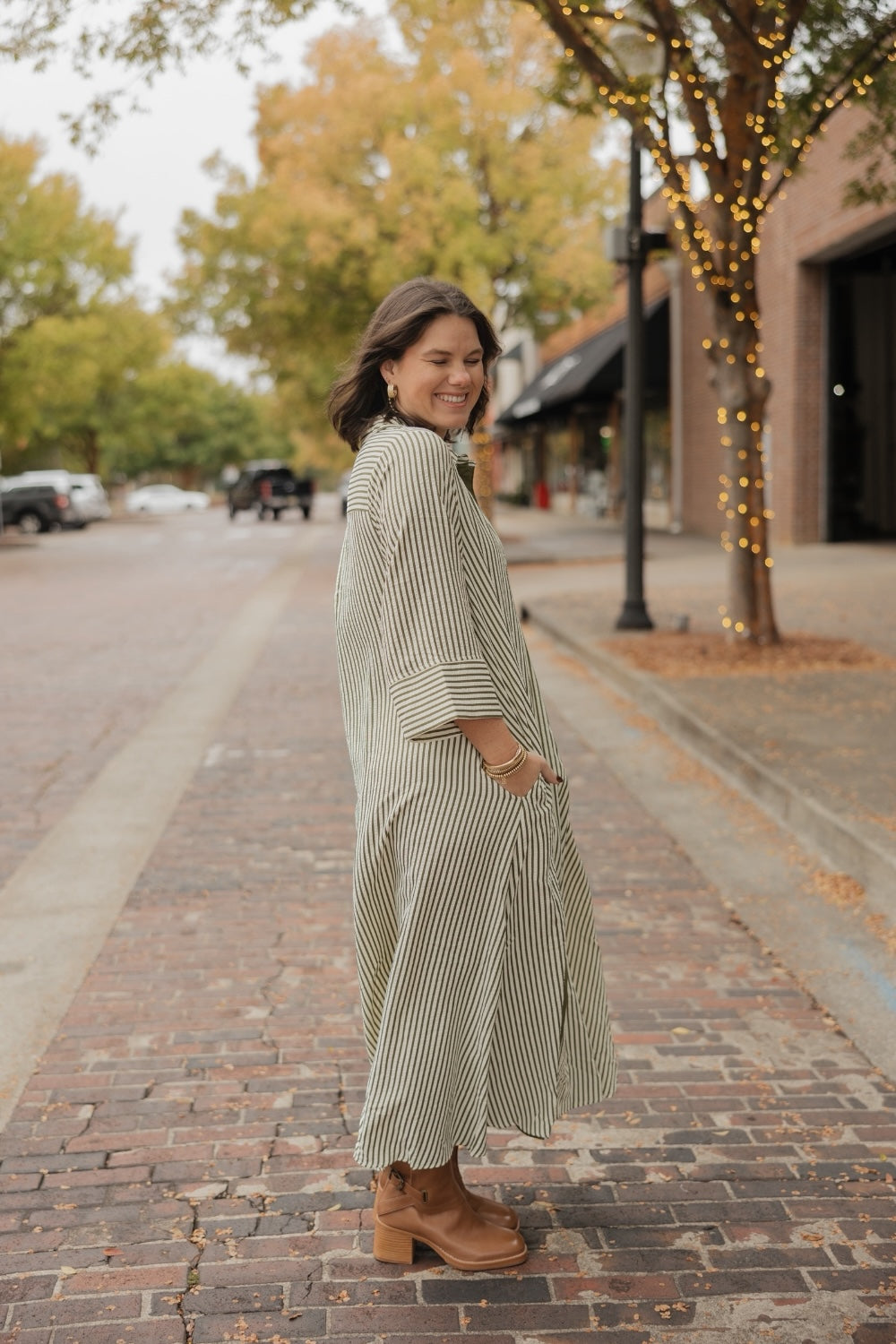 Melanie Olive Striped Midi Dress (S-2XL)