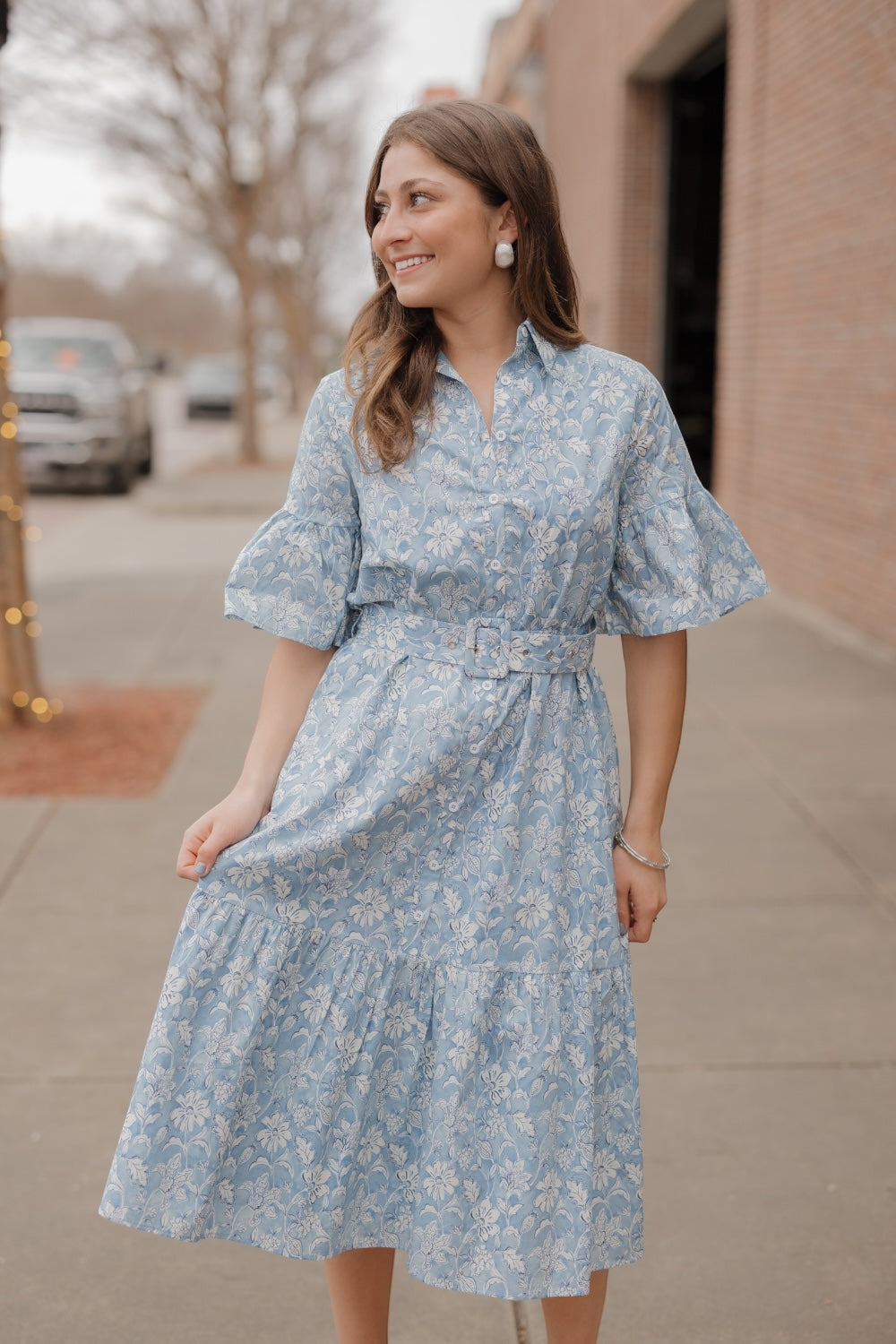 Carolina Blue Floral Belted Shirt Dress