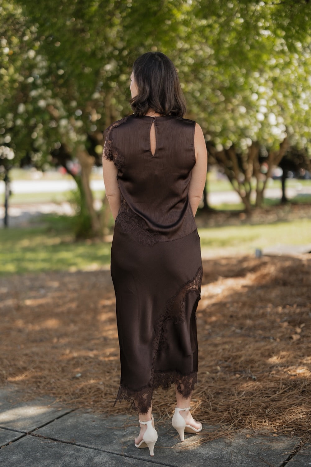 Staci Brown Mixed Lace Satin Midi Skirt (XS-XL)