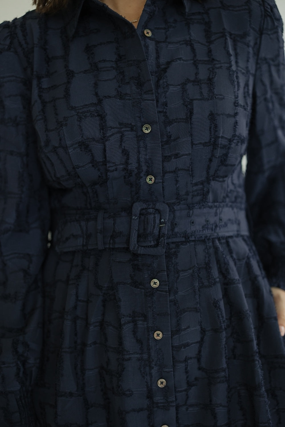 Nancy Navy Belted Midi Dress