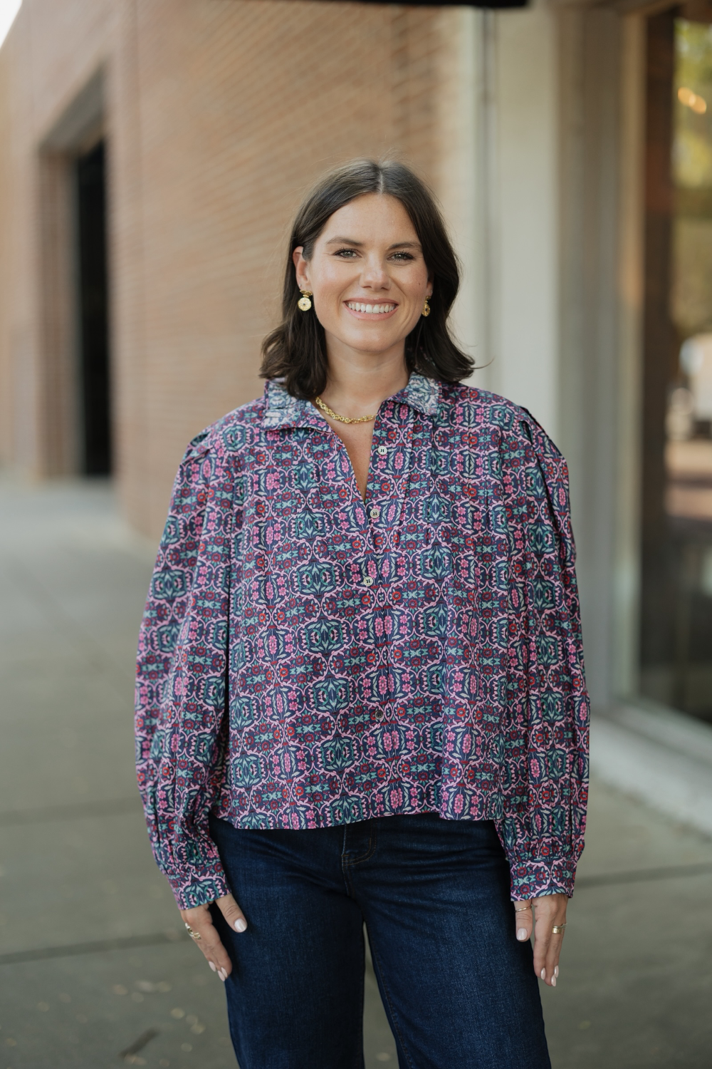 Lillian Navy/Pink Floral Button Down Blouse