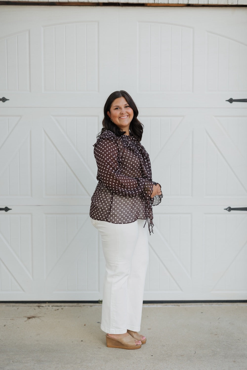 Brown Polka Dot Ruffle Blouse (S-3XL)