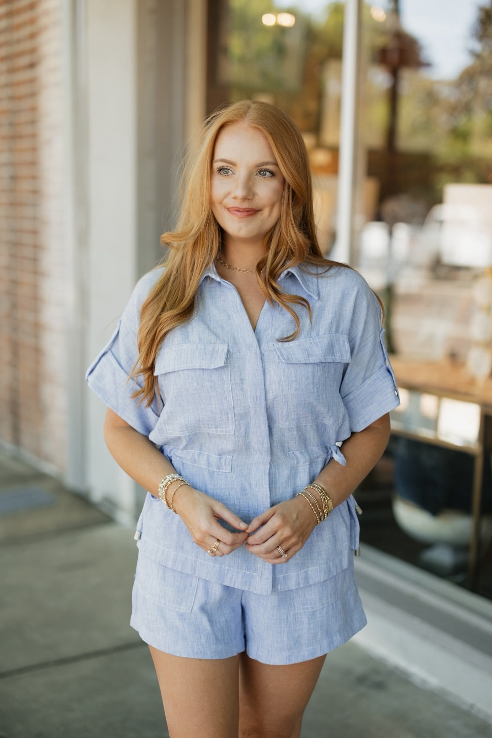 Chambray Cinched Waist Short Sleeve Jacket (XS-XL)
