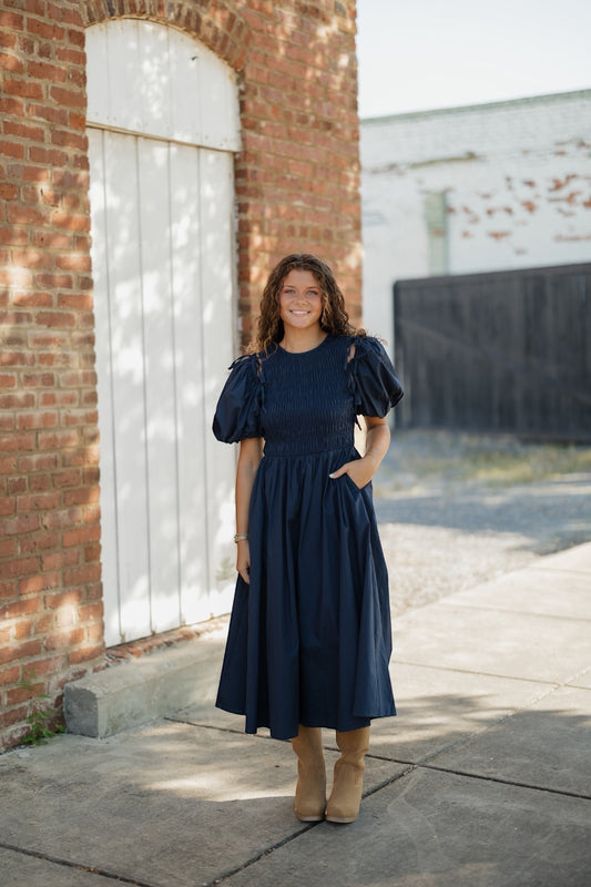 Dianne Navy Detachable Puff Sleeve Midi Dress